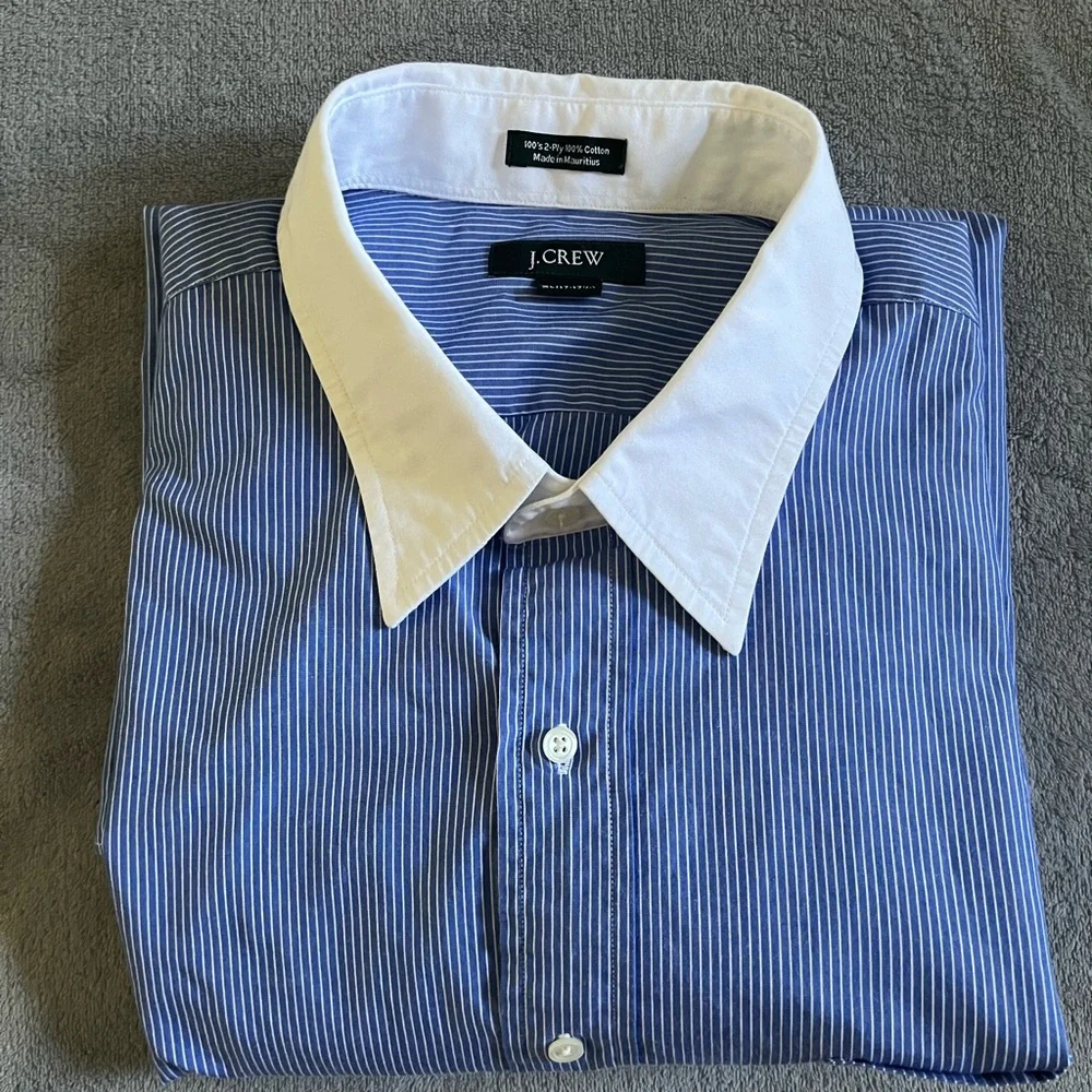 J.Crew Men's XL Blue White Stripe Contrast Collar Cuffs Dress Shirt Button Up